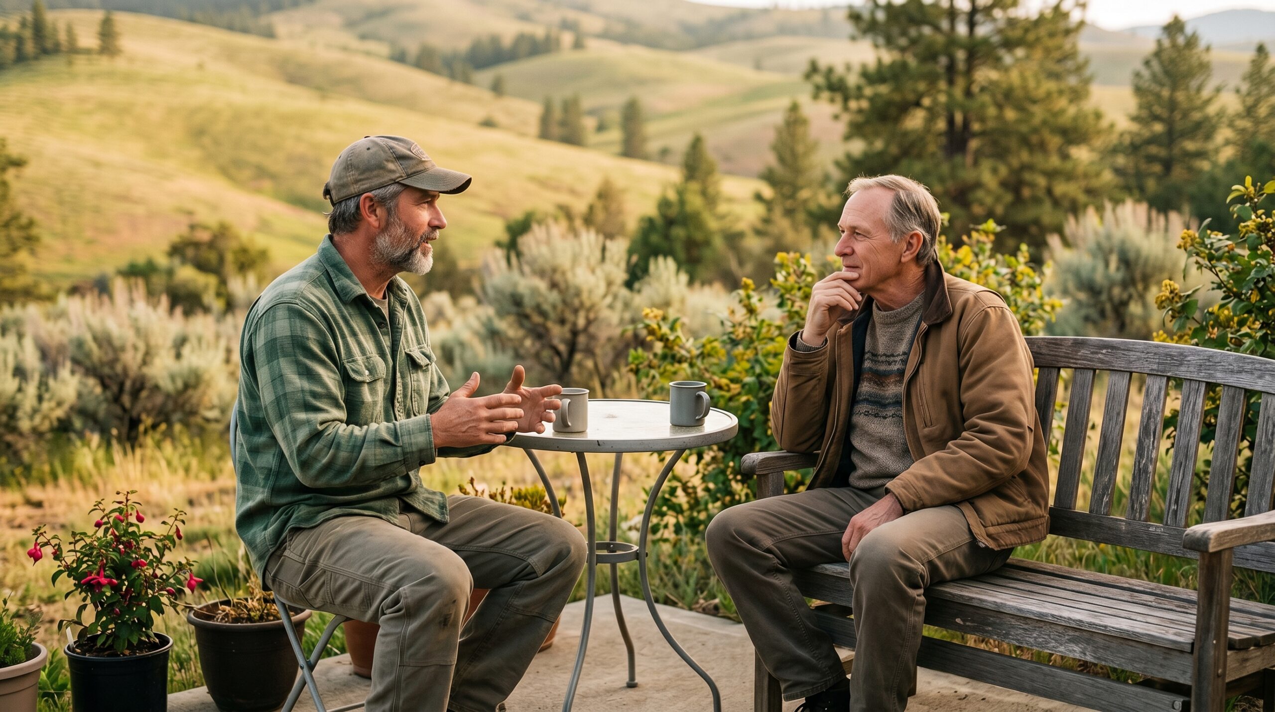 Two men sitting together in conversation, one listening closely, in warm natural light.