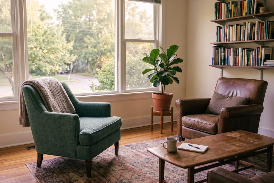 A calm therapy office in soft morning light, two comfortable chairs angled toward each other by a window.