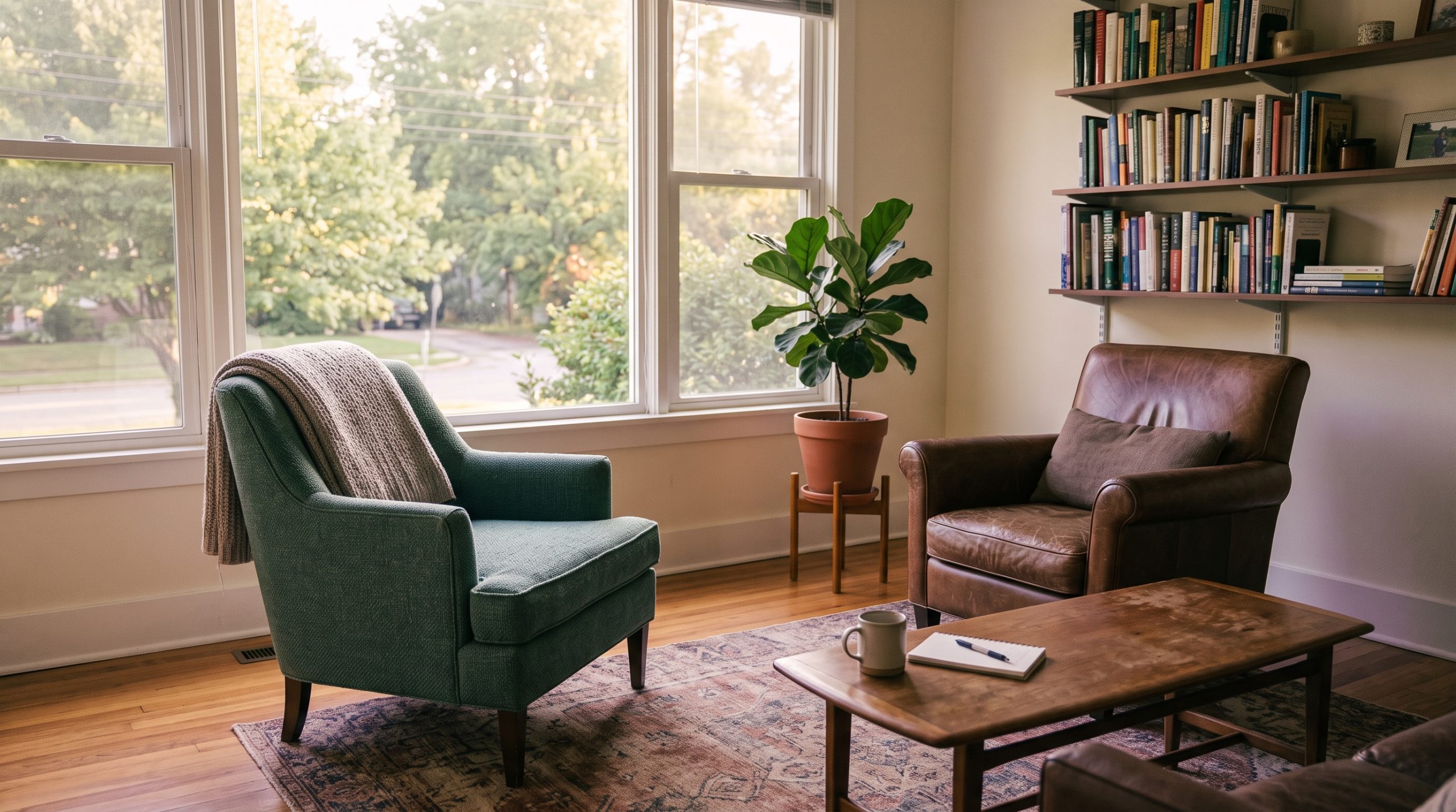 A calm therapy office in soft morning light, two comfortable chairs angled toward each other by a window.