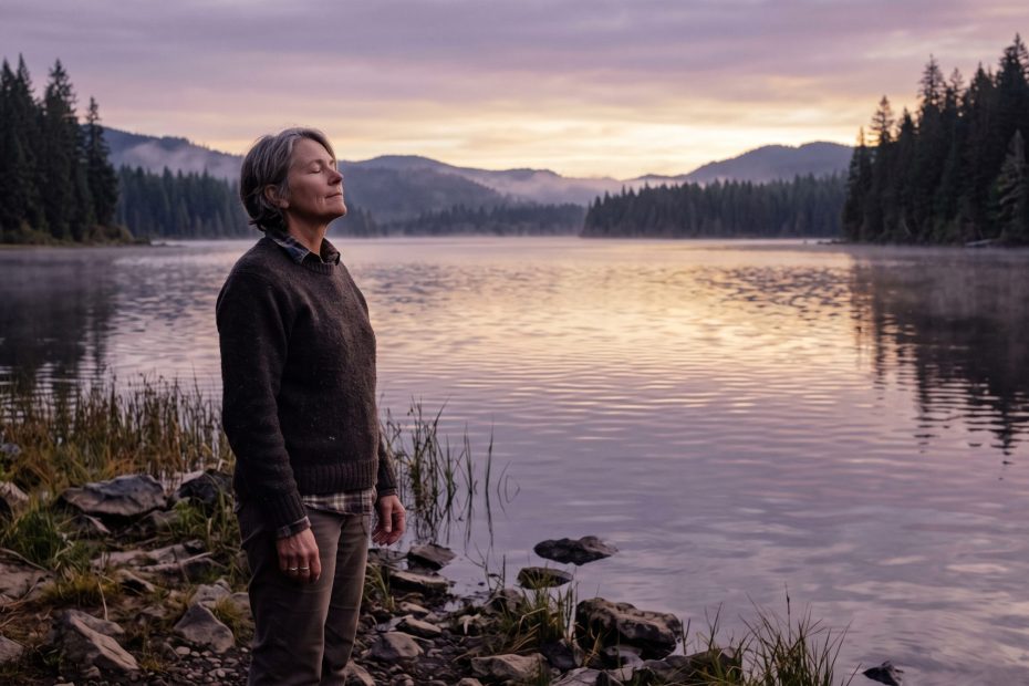 A person standing at the edge of a quiet Oregon lake at sunrise, breathing in the morning air, steady and calm.