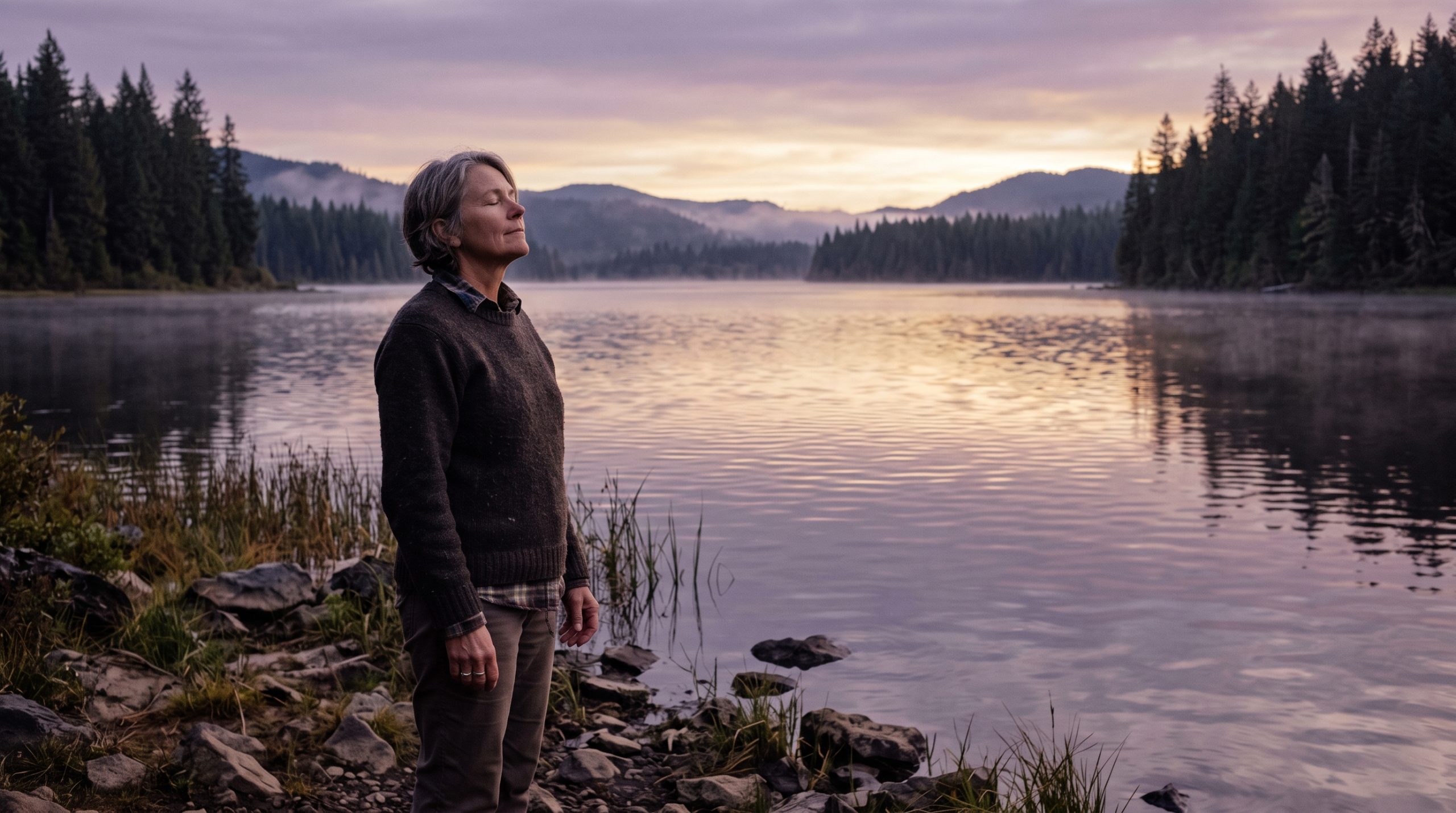 A person standing at the edge of a quiet Oregon lake at sunrise, breathing in the morning air, steady and calm.