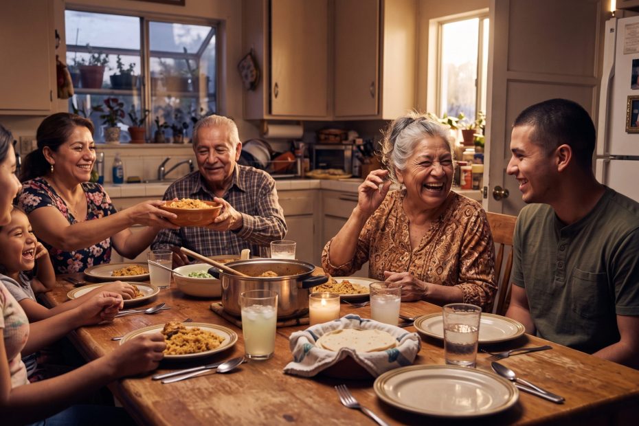 A multigenerational Latino family gathered around a kitchen table in warm evening light, laughing and passing food.