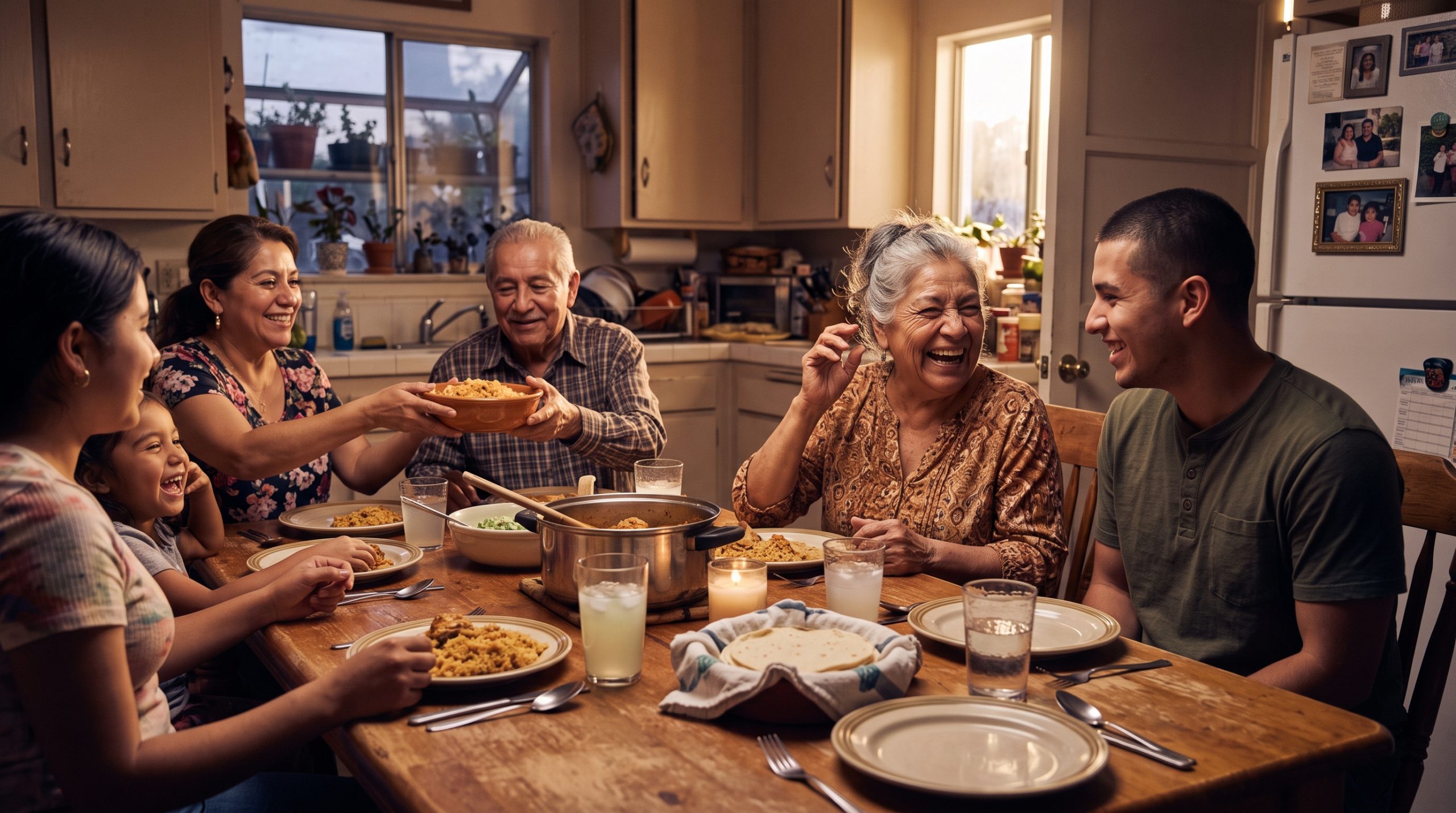 A multigenerational Latino family gathered around a kitchen table in warm evening light, laughing and passing food.