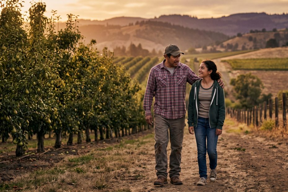 A father and teenage daughter walking together at the edge of a pear orchard at golden hour in Southern Oregon.