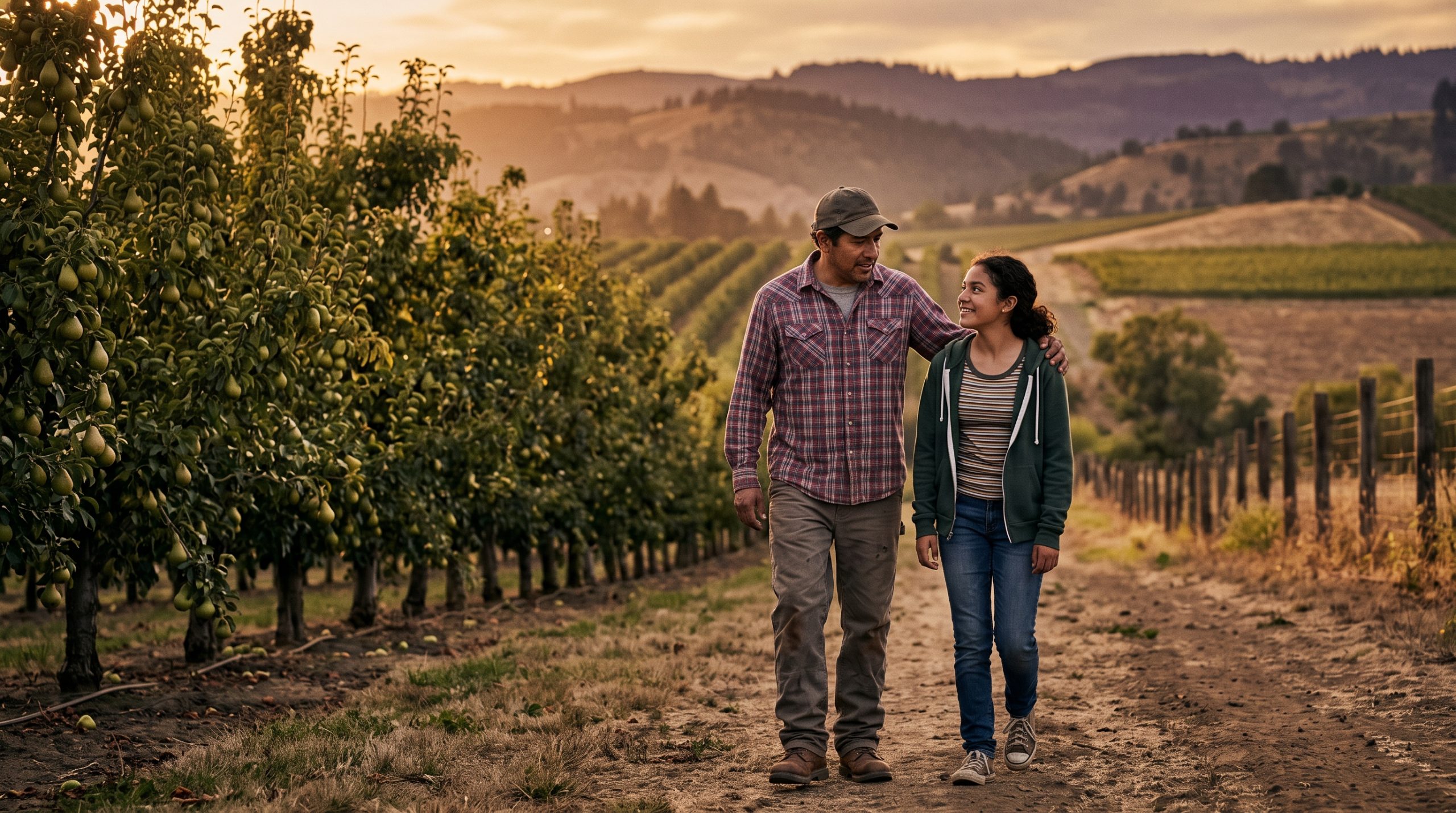 A father and teenage daughter walking together at the edge of a pear orchard at golden hour in Southern Oregon.