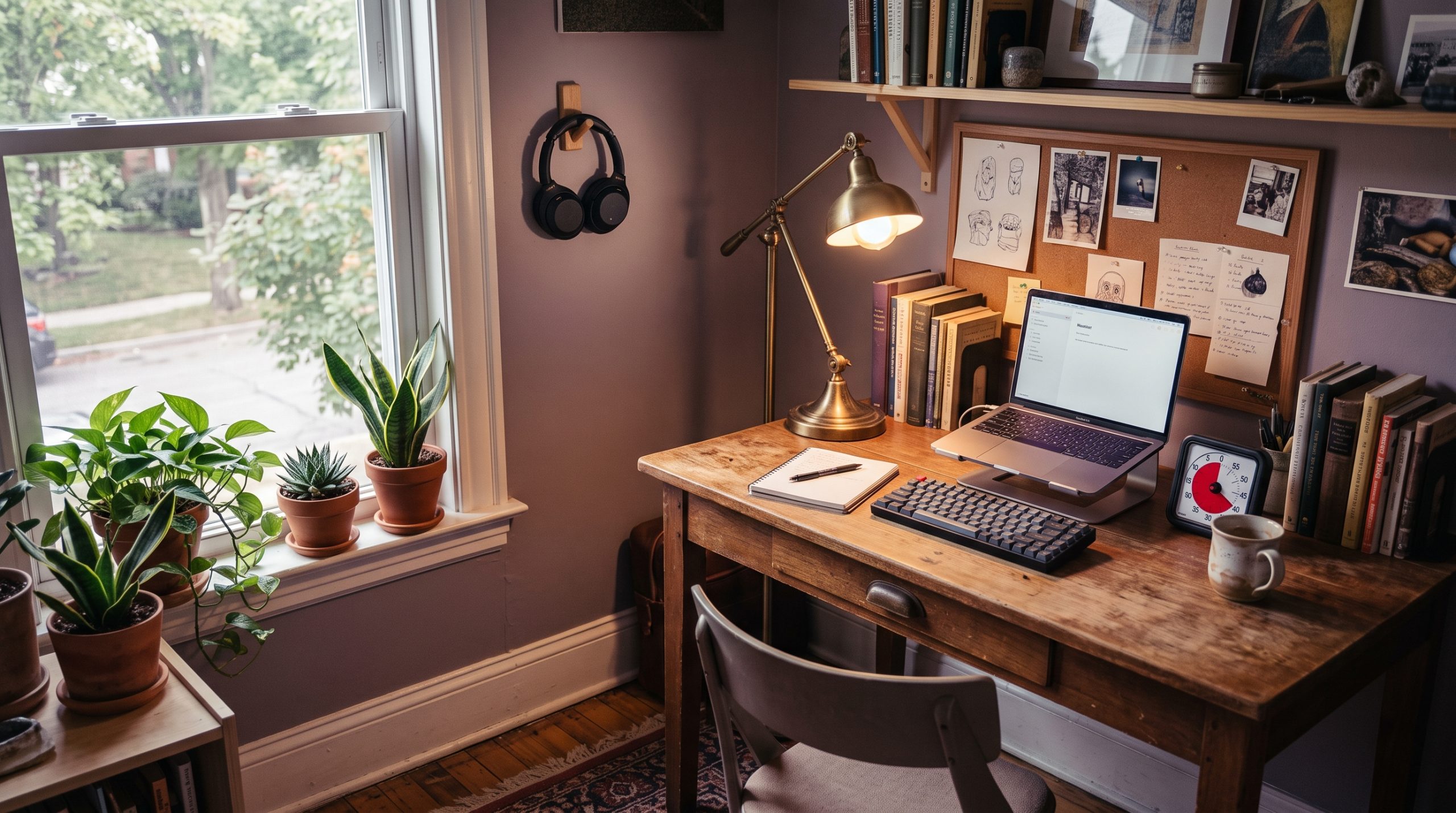 A home workspace arranged for focus, with headphones on a hook, a warm lamp, a visual timer, and plants by a window.
