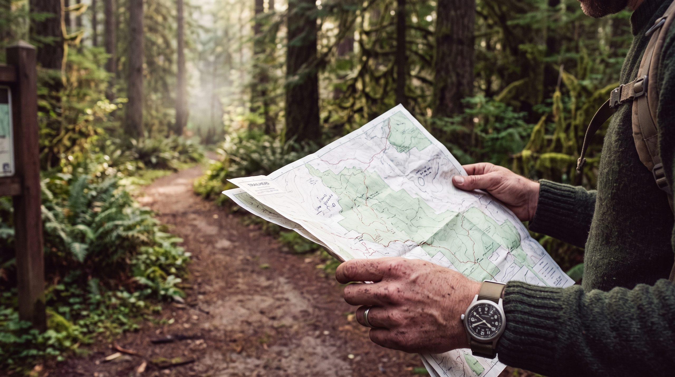 Hands holding an unfolded trail map at a forest trailhead in morning light, the path ahead soft in the background.