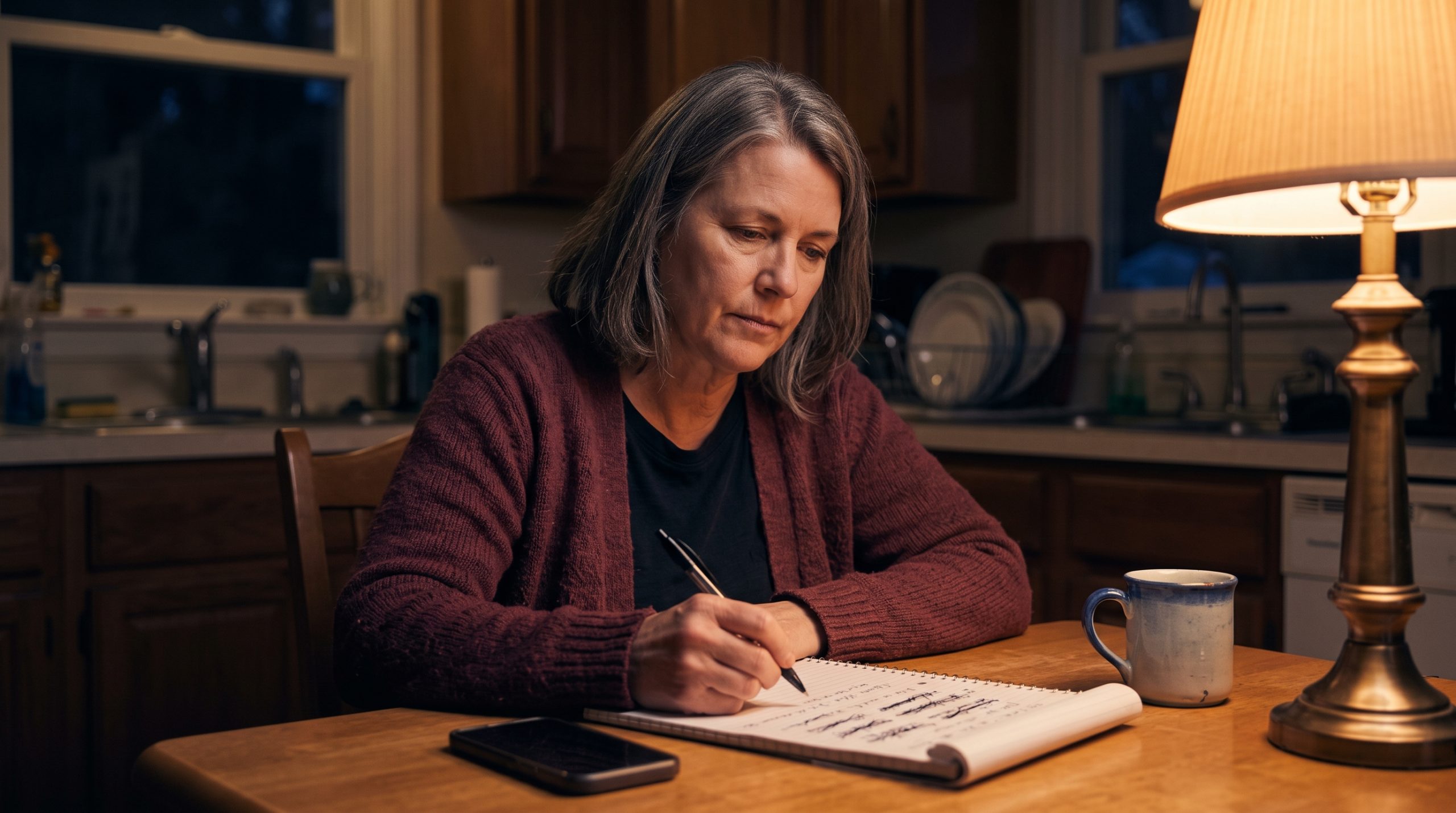 A person at a kitchen table in lamplight with a phone and a handwritten list with several lines crossed out, steady and determined.
