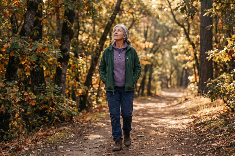 A person on a morning walk on a tree-lined path in autumn light, breathing easy and unhurried.