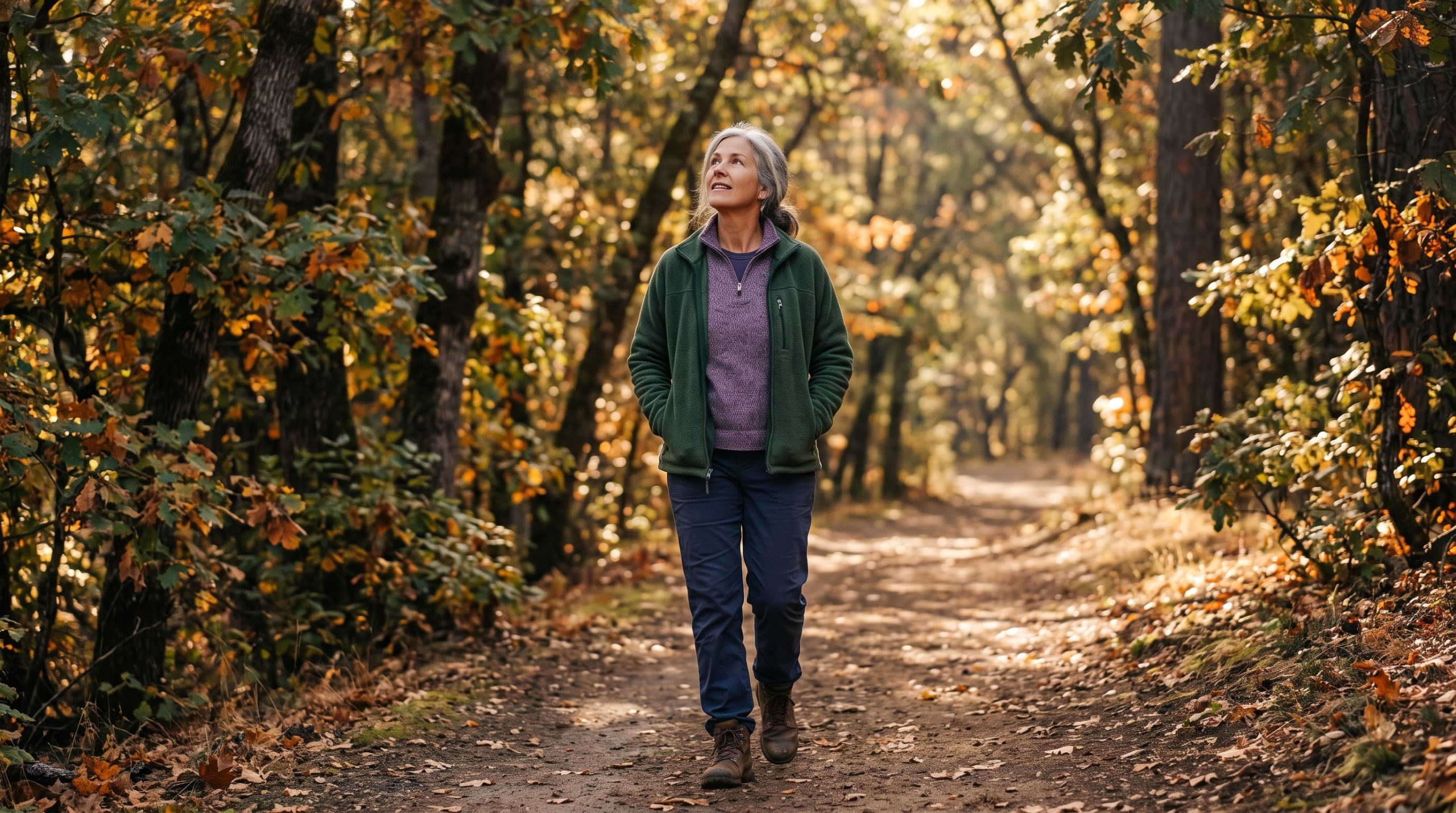 A person on a morning walk on a tree-lined path in autumn light, breathing easy and unhurried.