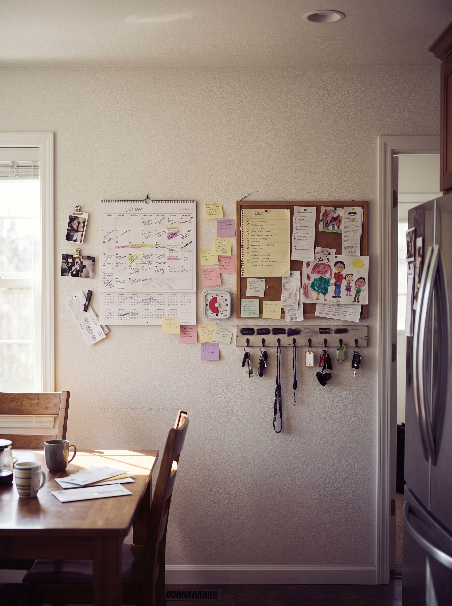 A kitchen wall command center with a paper calendar, sticky notes, a visual timer, and keys on a labeled hook in morning light.