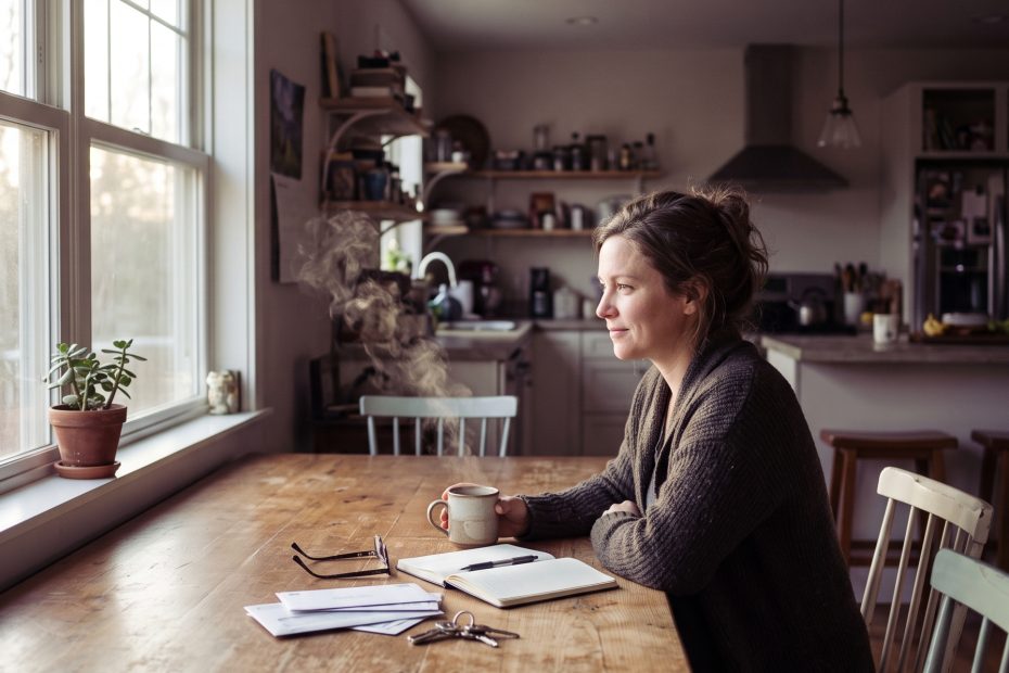 A woman by a window in morning light pausing over coffee with a look of quiet recognition.