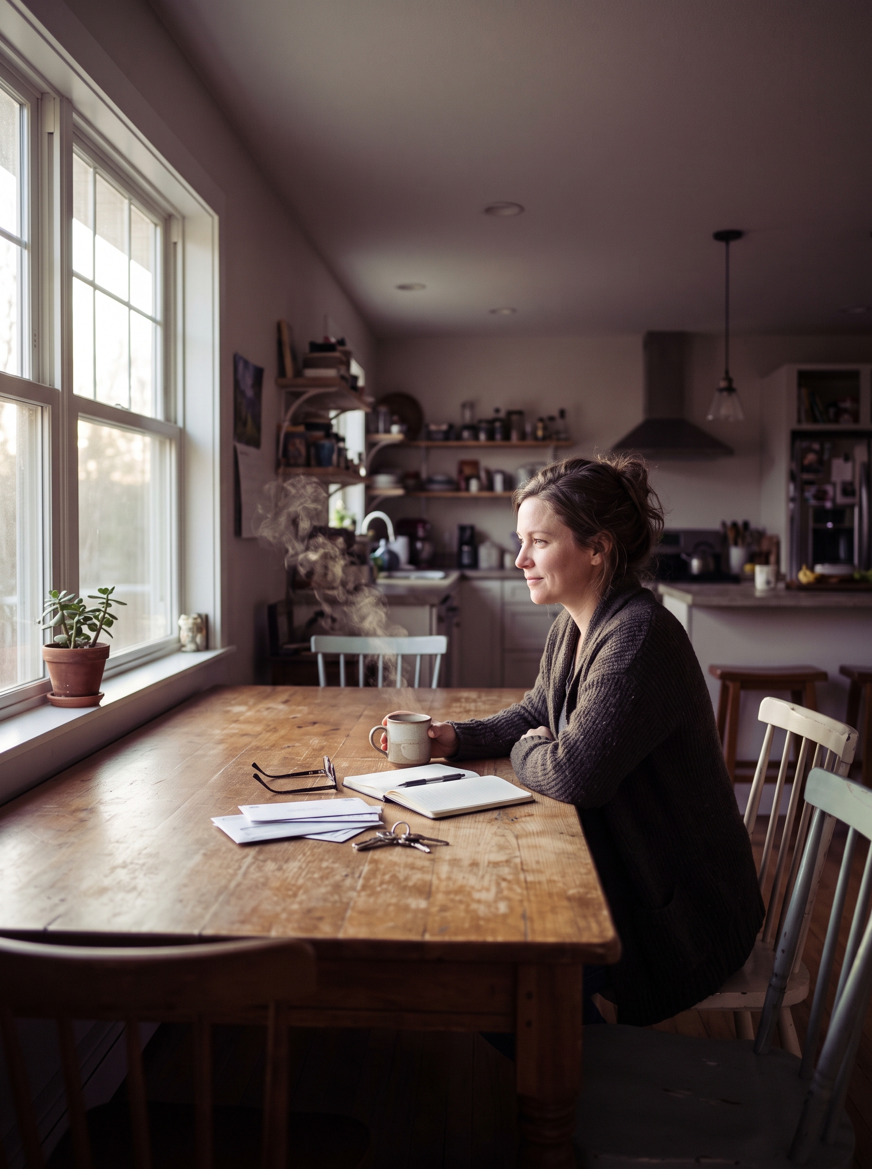A woman by a window in morning light pausing over coffee with a look of quiet recognition.
