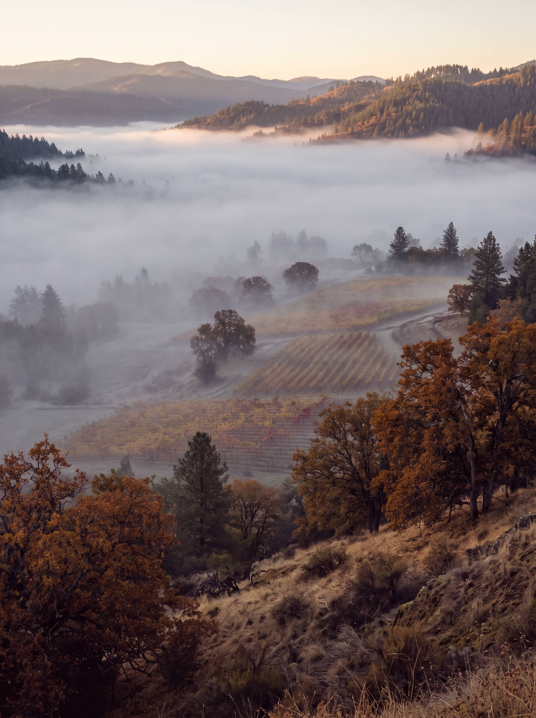 Morning fog lying in a Southern Oregon valley with autumn trees emerging and gold light breaking at the ridgeline.