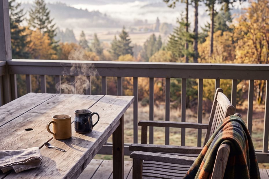 Two mugs of coffee on a porch table in soft autumn light, one chair pulled close to the other.