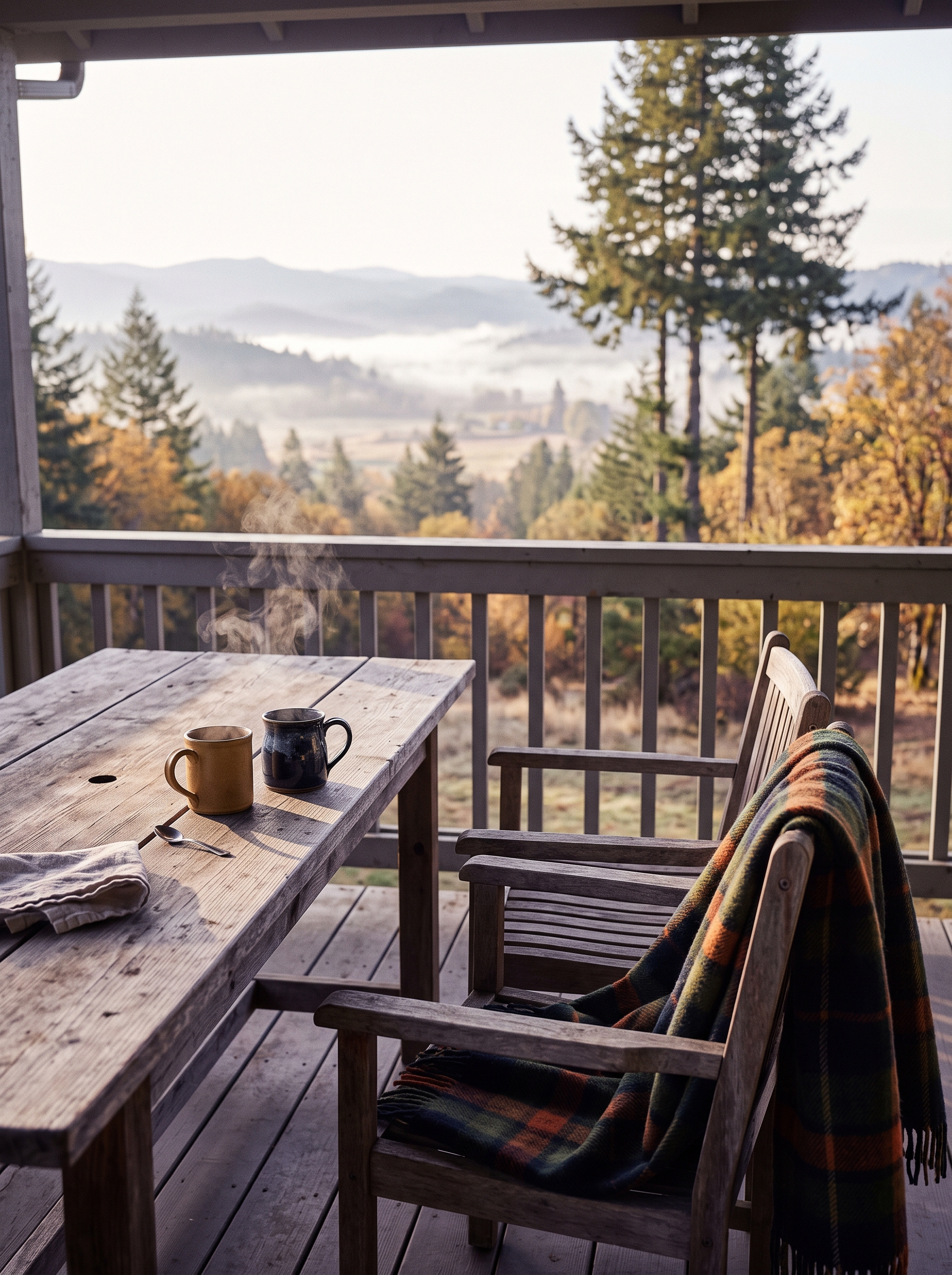 Two mugs of coffee on a porch table in soft autumn light, one chair pulled close to the other.