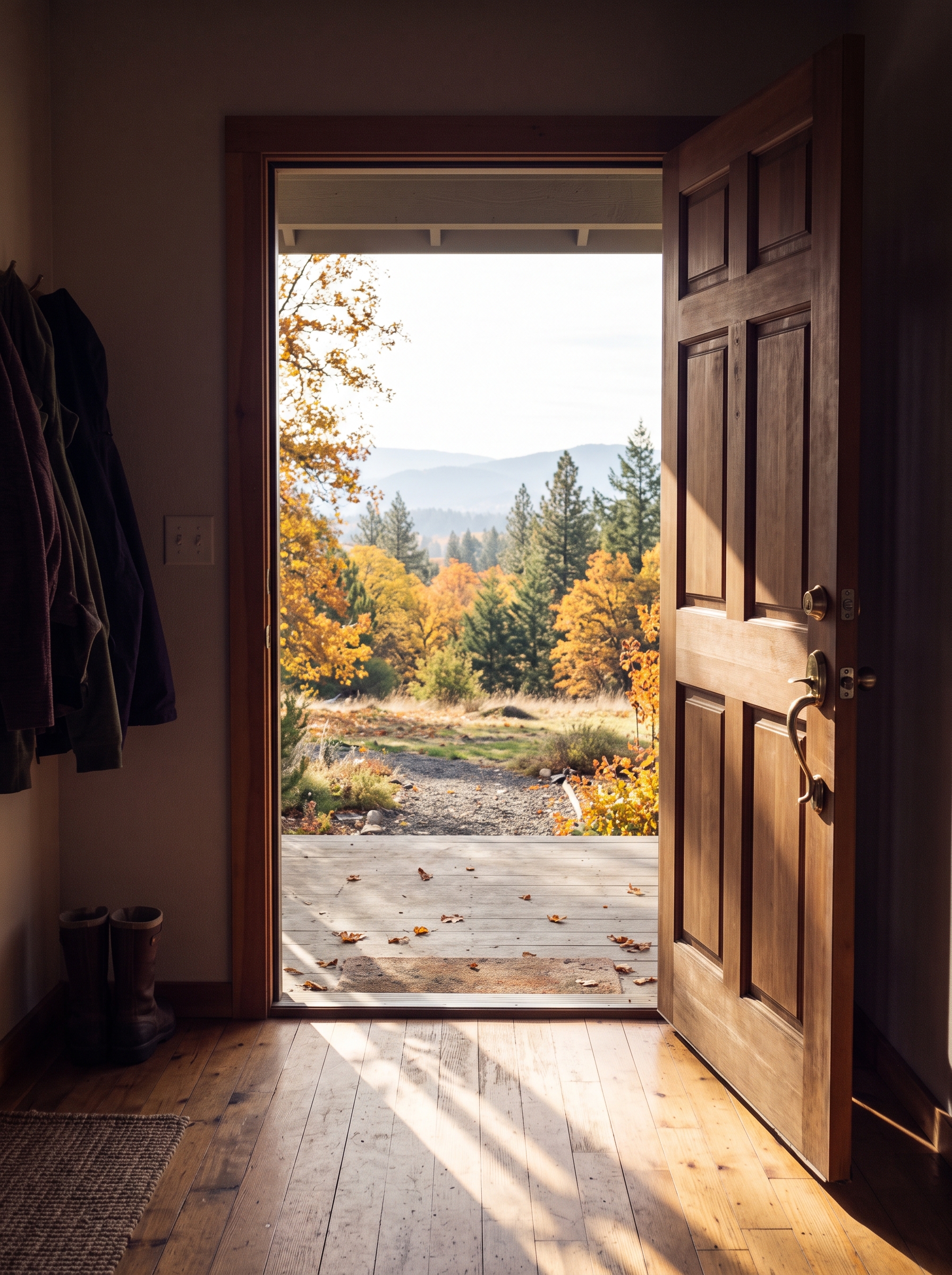 A front door standing open onto a bright autumn morning, light crossing the threshold into a quiet room.