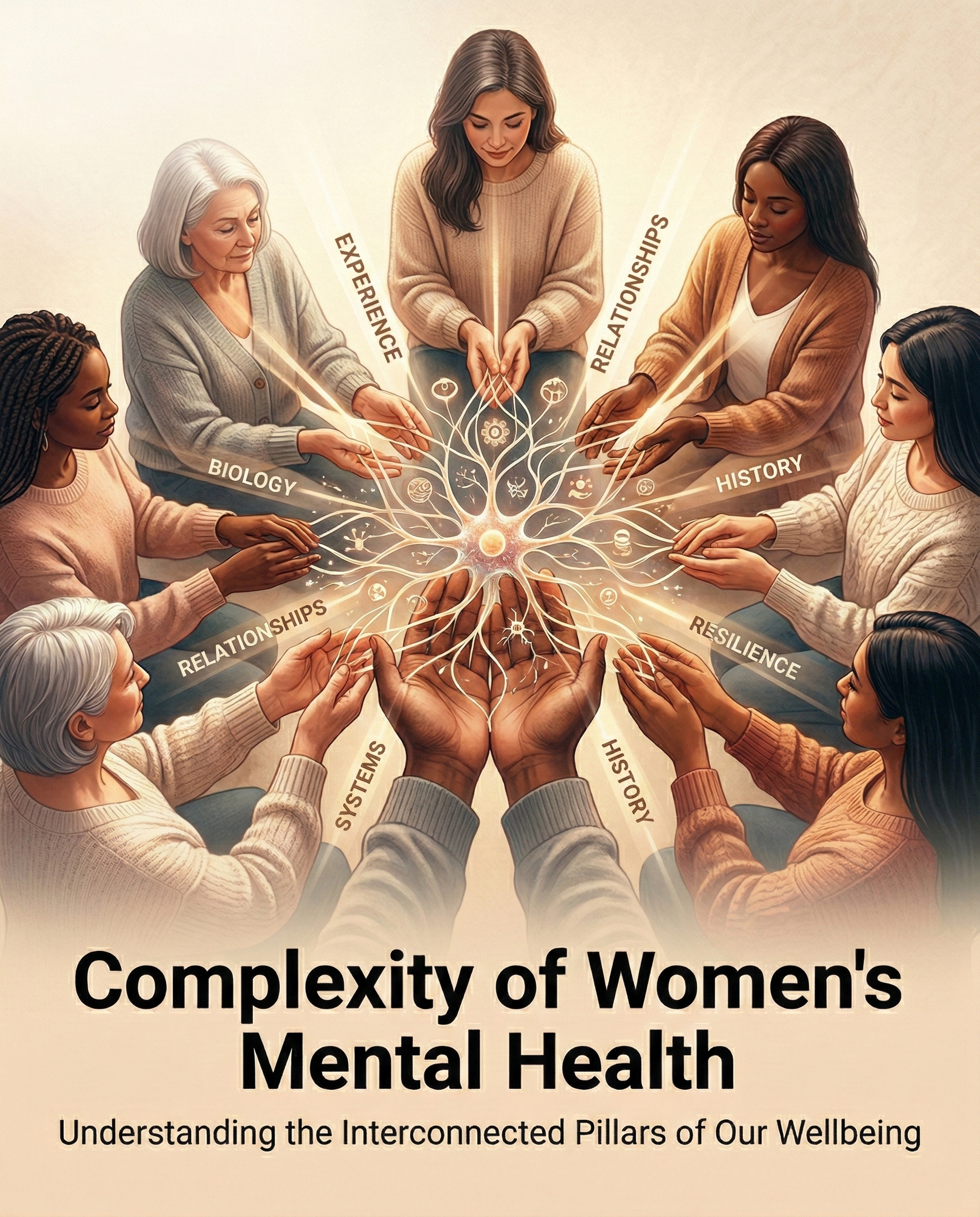 Diverse group of women in warm light representing the complexity of women's mental health — Helping Hand Therapy