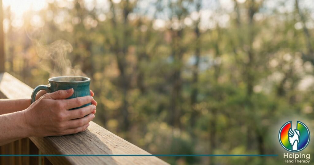 Hands holding a warm teal ceramic mug on a porch railing in soft morning light