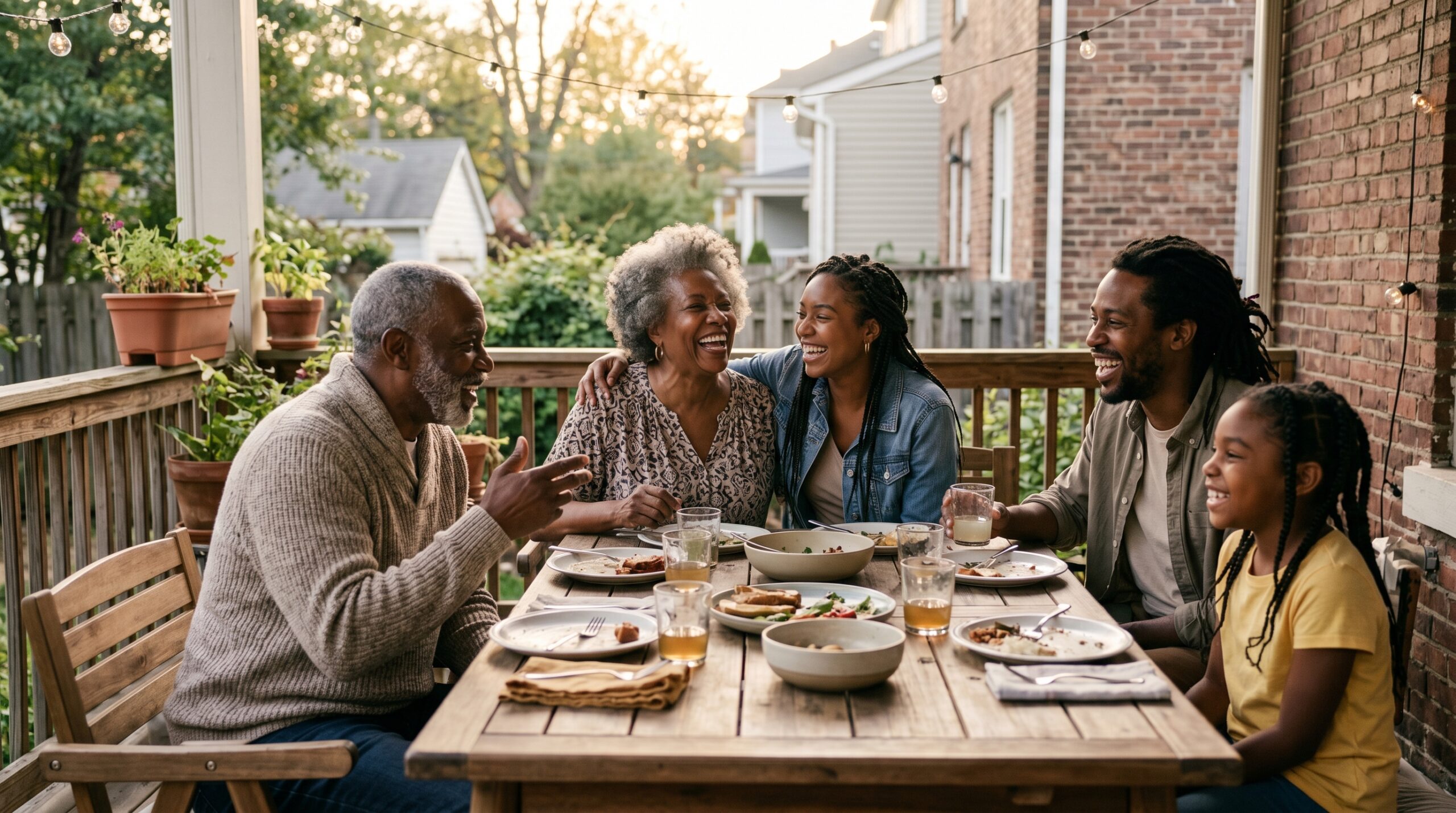 Friends laughing together around an outdoor table in warm afternoon light, relaxed and connected.