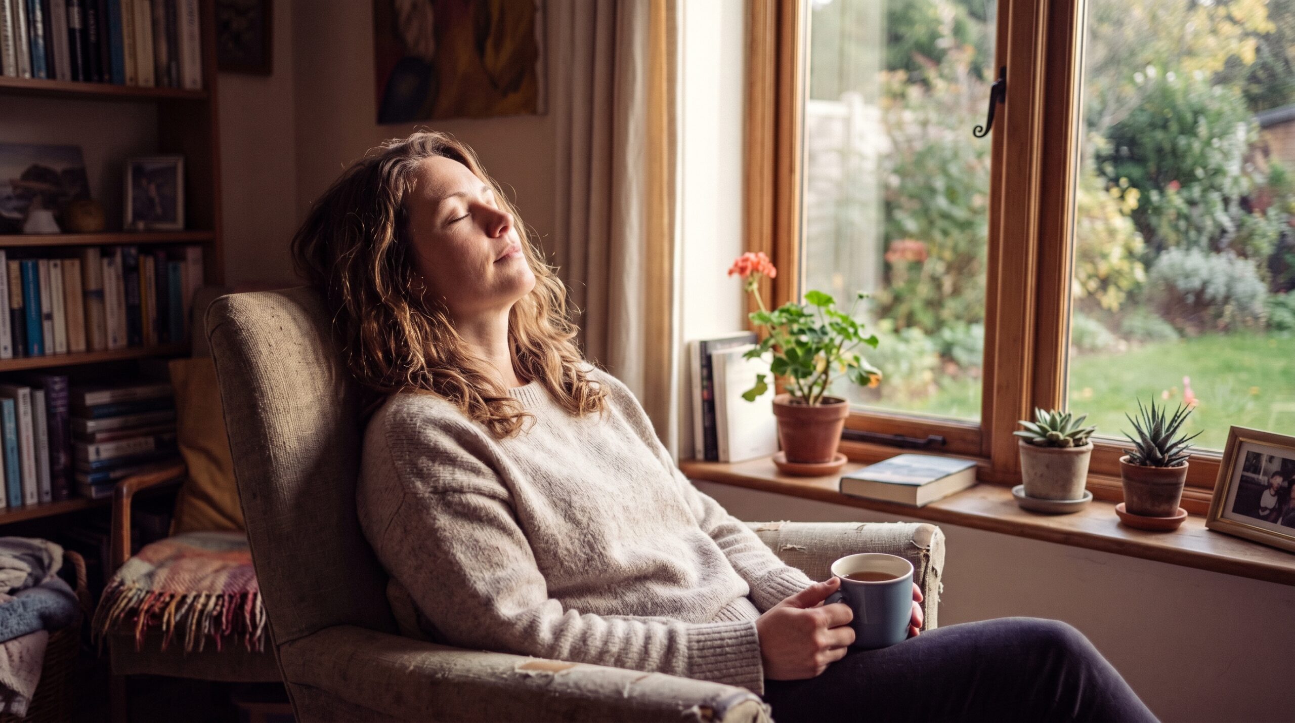 A tired person resting their head back with eyes closed in soft natural light, taking a quiet moment.