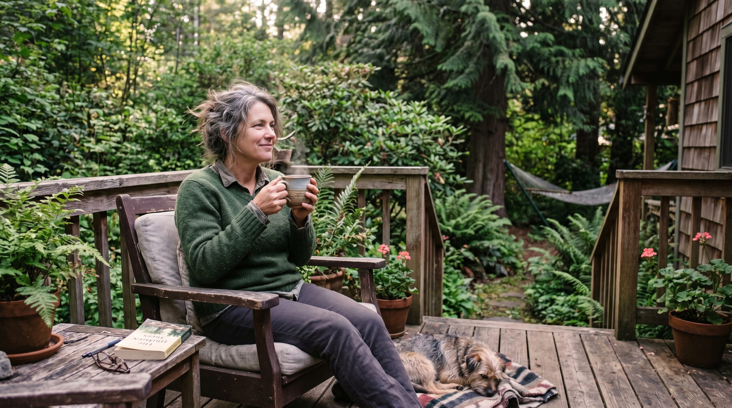 A person sitting outside in soft morning light with a warm drink, unhurried and at ease.