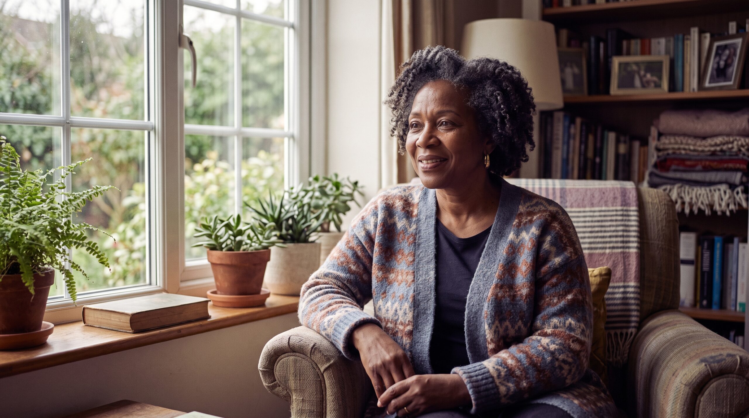 A warm, dignified portrait of a person of color at ease in soft natural light, looking calm and self-assured.