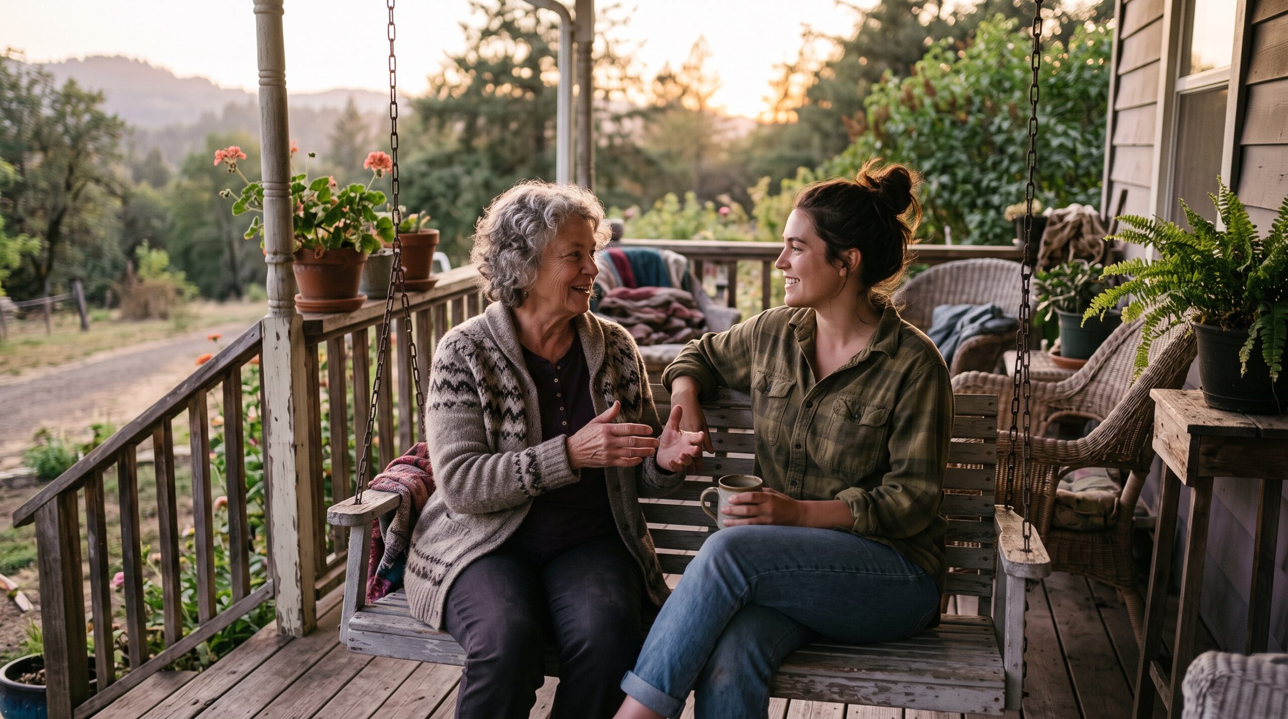 Two people talking closely and warmly on a porch in soft evening light, one listening to the other.