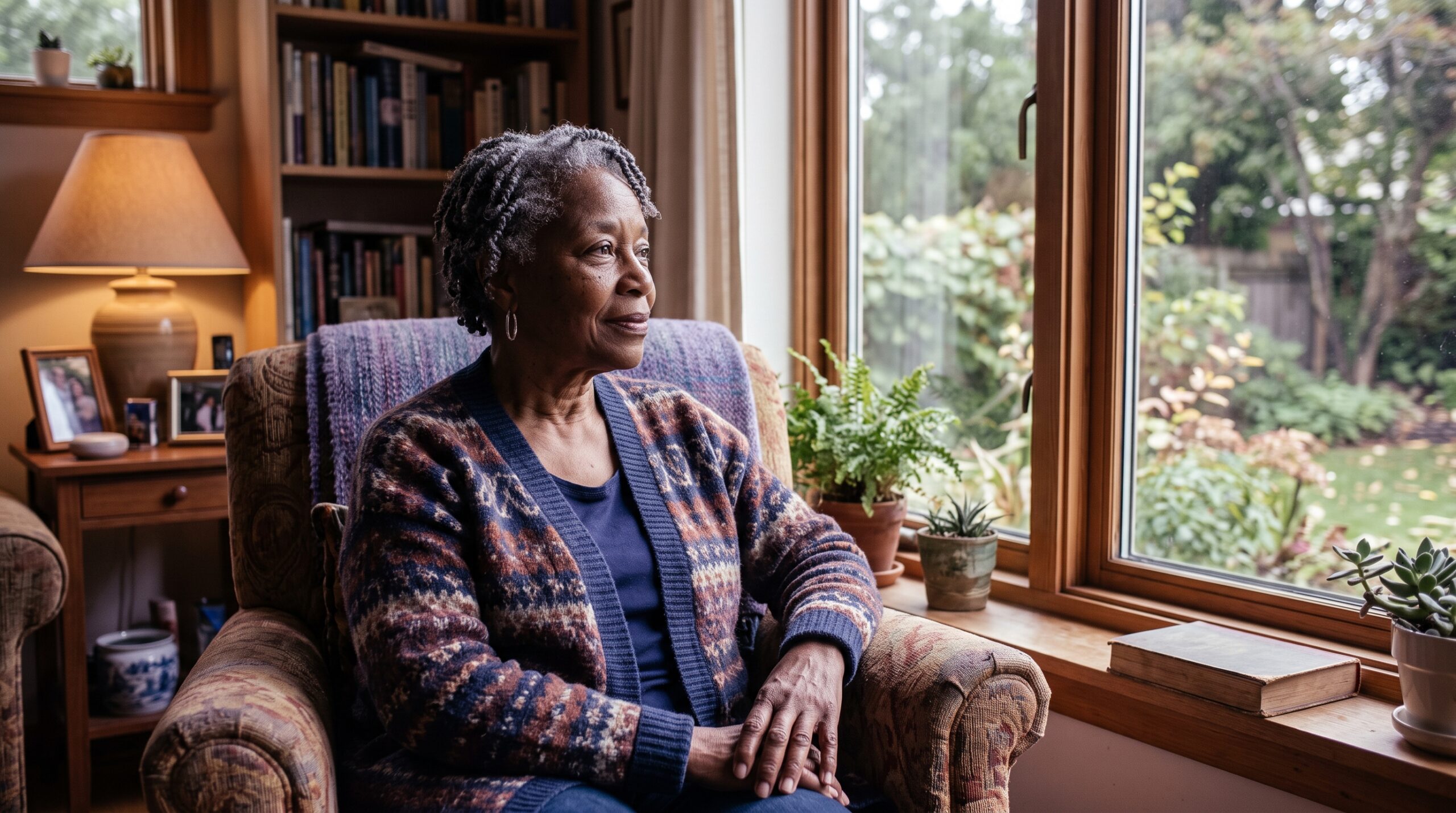 A person of color sitting thoughtfully in warm natural light, calm and considering something.
