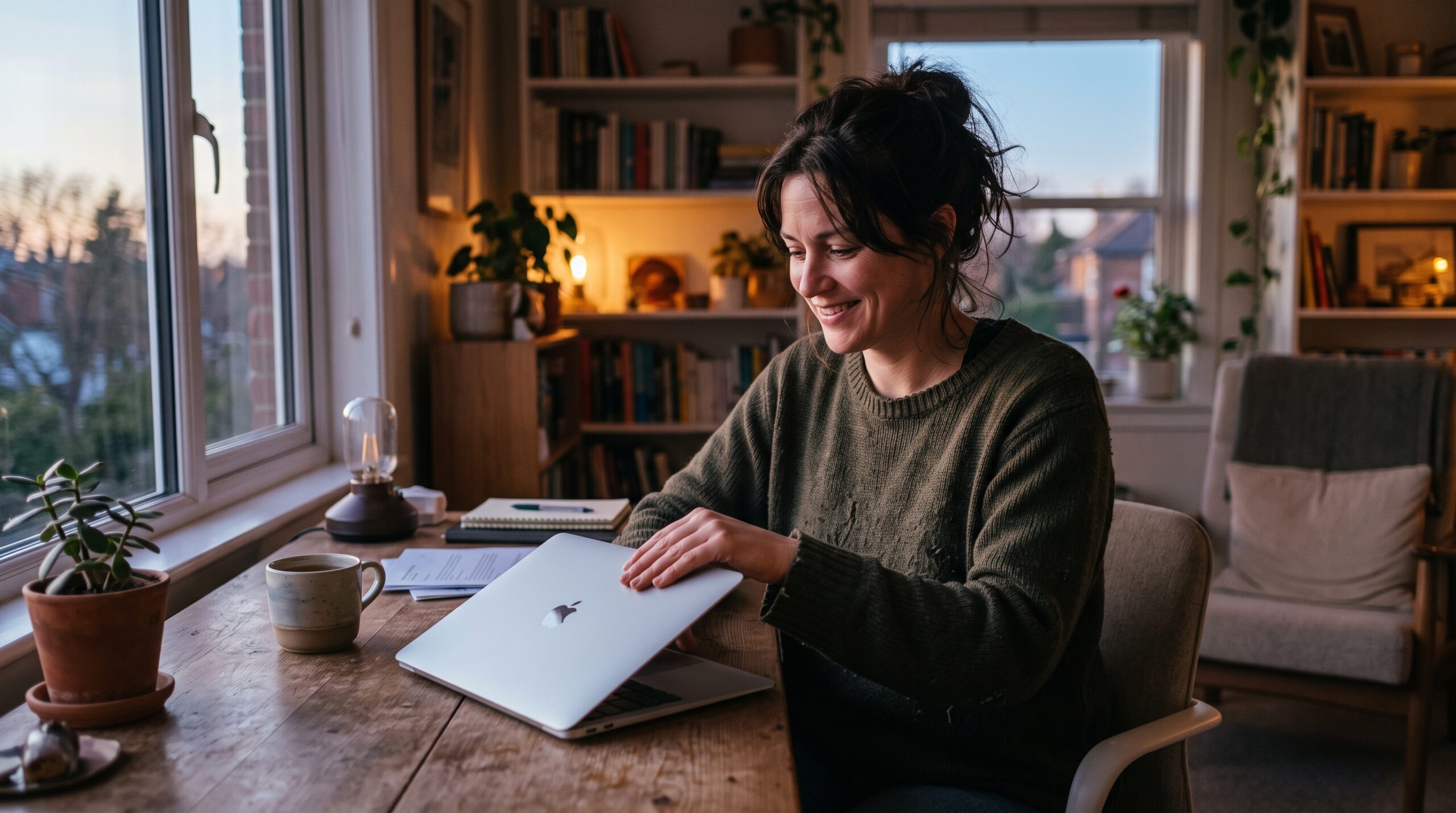A person closing a laptop at the end of the workday in warm evening light, calm and unhurried.